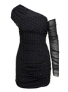 ROTATE BIRGER CHRISTENSEN MINI BLACK ASYMMETRIC DRESS WITH ALL-OVER RHINESTONE EMBELLISHMENT IN MESH