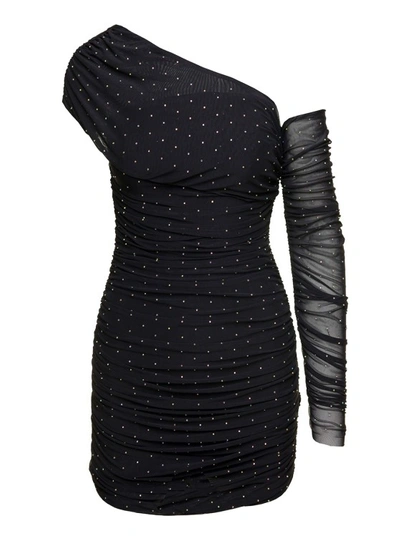 Rotate Birger Christensen Asymmetric Mesh Mini Dress In Black