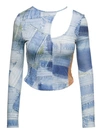 Andersson Bell 'anja' Light Blue Long-sleeve Top With Cut-out And Denim Patch Print Woman In Blue