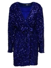 ROTATE BIRGER CHRISTENSEN MINI BLUE WRAP DRESS WITH ALL-OVER SEQUINS IN STRETCH POLYESTER