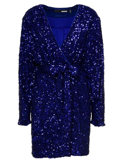 Rotate Birger Christensen Mini Blue Wrap Dress With All-over Sequins In Stretch Polyester In Black