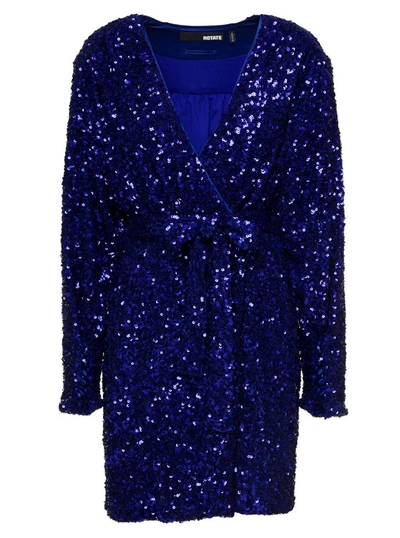 Rotate Birger Christensen Mini Blue Wrap Dress With All-over Sequins In Stretch Polyester
