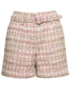 SELF-PORTRAIT PINK SHORTS WITH MATCHING BELT AND PAILLETTES IN TWEED
