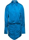 Attico 'sylvie' Blue Shirt Dress With All-over Monogram Print In Satin Fabric Woman In Blue