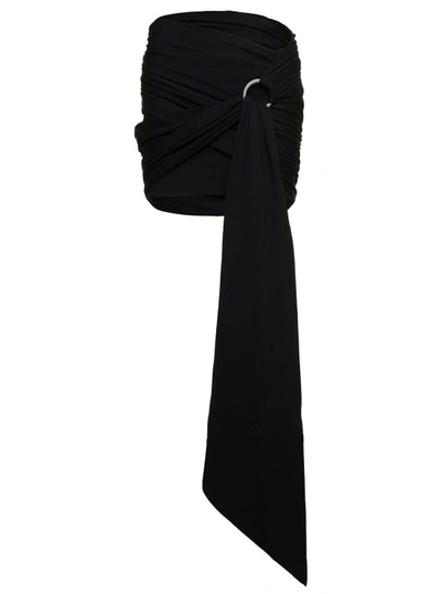 Attico Fran' Black Draped Miniskirt With Long Sash In Techno Jersey