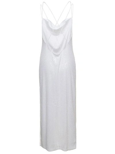 Rotate Birger Christensen White Maxi Dress With Draped Neckline And All-over Paillettes In Polyester Woman