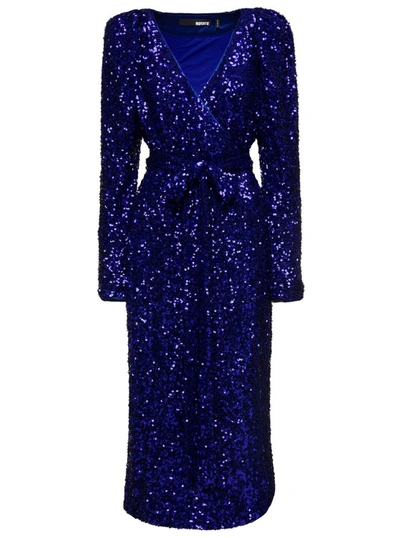 ROTATE BIRGER CHRISTENSEN LONG BLUE WRAP DRESS WITH ALL-OVER SEQUINS IN STRETCH POLYESTER