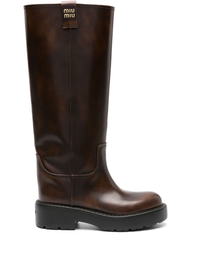 Miu Miu Brown Fumé Leather Knee-high Boots