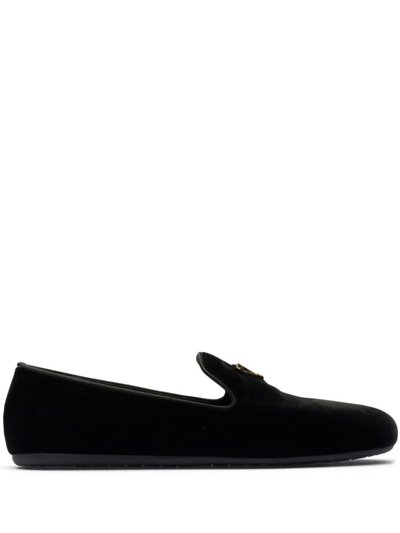 Prada Triangle Logo Velvet Loafers In Black