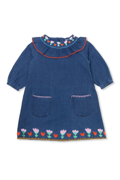 Stella Mccartney Kids Ruffled Detail Floral Embroidered Dress In Blue