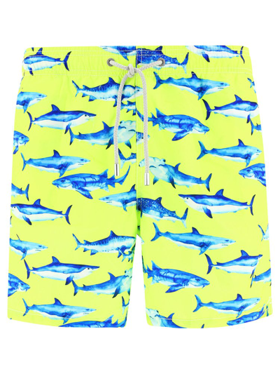 Mc2 Saint Barth Sharksention Printed Drawstring Swim Shorts In Yellow