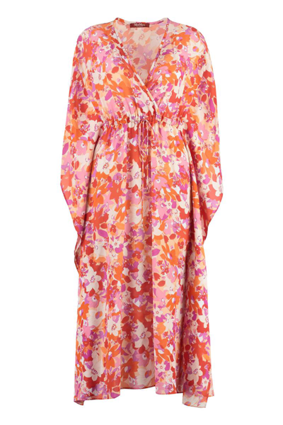 Max Mara Fertile Print Silk Kaftan Dress In Red,orange