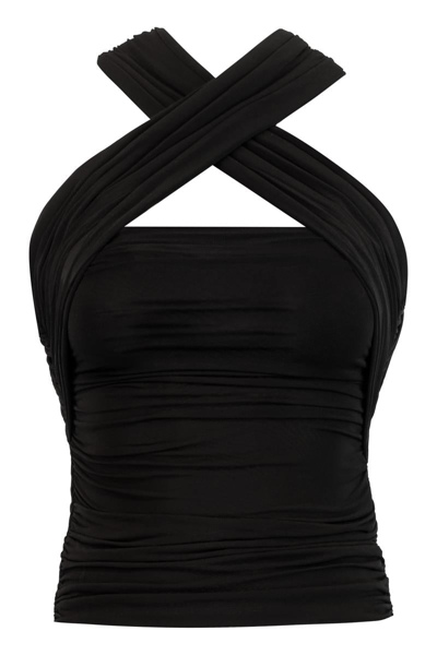 Saint Laurent Wool Drape Halter Top With Hood In Black