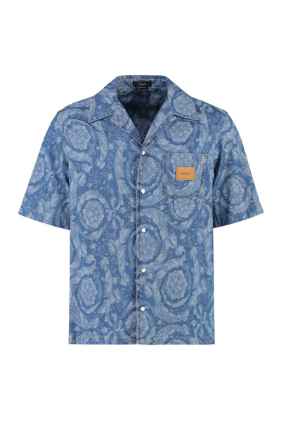 Versace Baroque Jacquard Cotton Denim Shirt In Blue