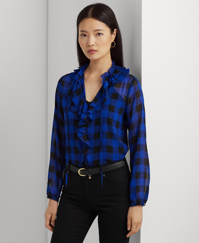 Lauren Ralph Lauren Buffalo Check Ruffled Georgette Blouse In Blue,black