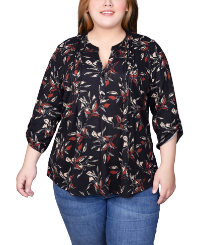 Ny Collection Plus Size 3/4 Roll Sleeve Top In Black Orange Ivory Floral