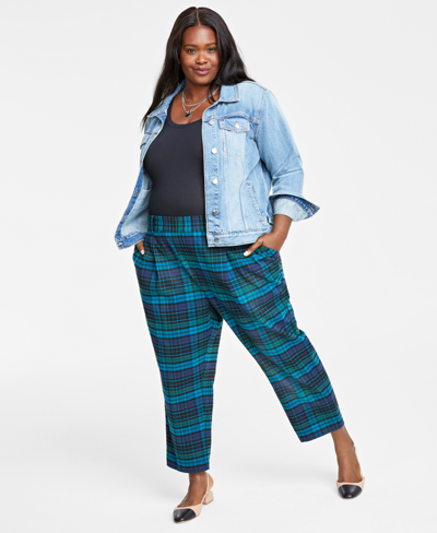 On 34th Plus Size Plaid Brushed Relaxed Ankle Pants, Created For Macy's In Blue Green Combo
