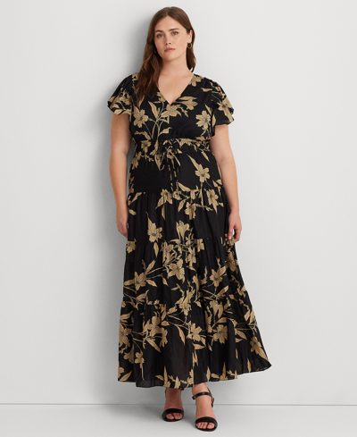 Lauren Ralph Lauren Plus Size Floral Flutter-sleeve Maxi Dress In Black,tan