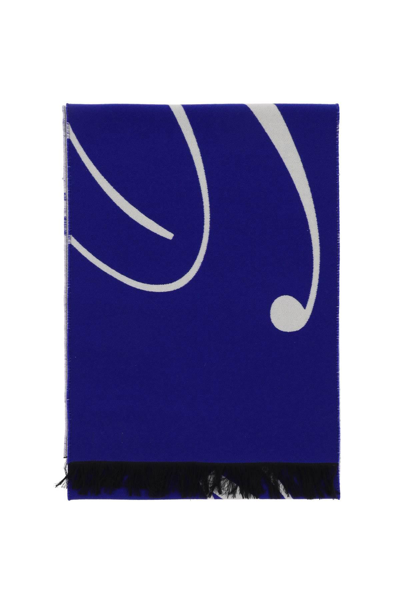 Burberry Silk And Wool Logo Scarf In Blu