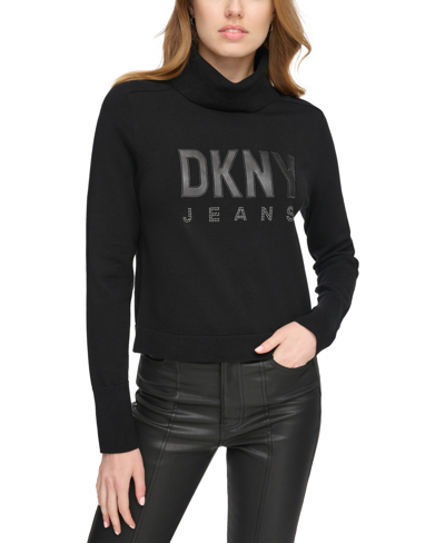 Dkny Jeans Women's Faux-leather-logo Turtleneck Sweater In Black,black