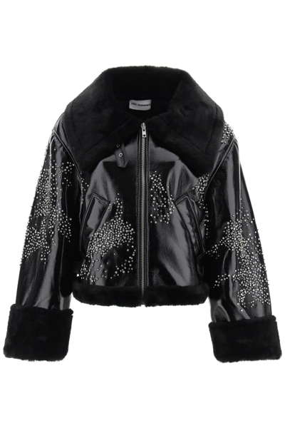 Des Phemmes Splash Embroidered Faux-leather Jacket In Black