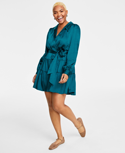 On 34th Women's Satin Wrap Dress, Created For Macy's In Deep Lagoon