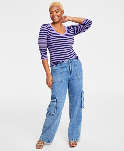 On 34th Women's Metallic Stripe Scoop-neck T-shirt, Created For Macy's In Purple,blue Combo
