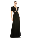 Mac Duggal Belted Jewel Encrusted Plunge Neck Long Sleeve Gown In Black
