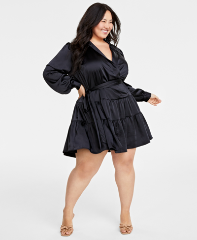 On 34th Plus Size Satin Wrap Dress, Created For Macy's In Deep Black