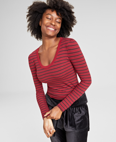 On 34th Women's Metallic Stripe Scoop-neck T-shirt, Created For Macy's In Port,rhubarb Combo