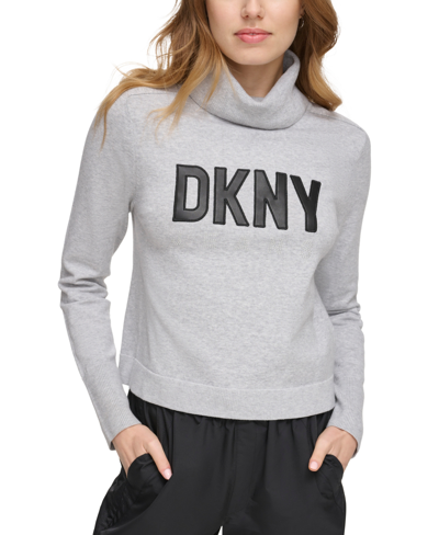 Dkny Jeans Women's Faux-leather-logo Turtleneck Sweater In Steel Grey Heather,black