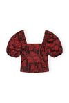 Ganni Botanical-print Short Puff-sleeve Cropped Top