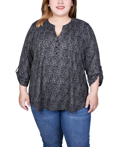 Ny Collection Plus Size 3/4 Roll Sleeve Top In Black Gray Animal