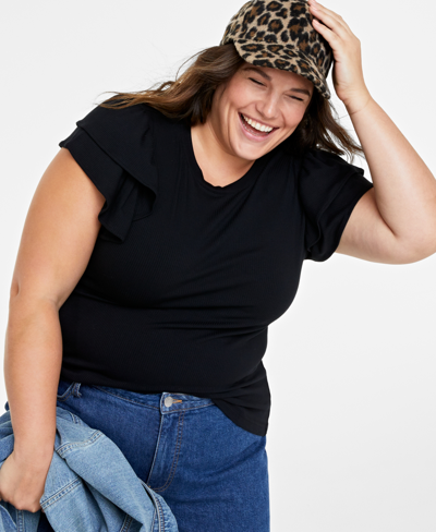 On 34th Trendy Plus Size Flutter-sleeve Top, Created For Macy's In Deep Black