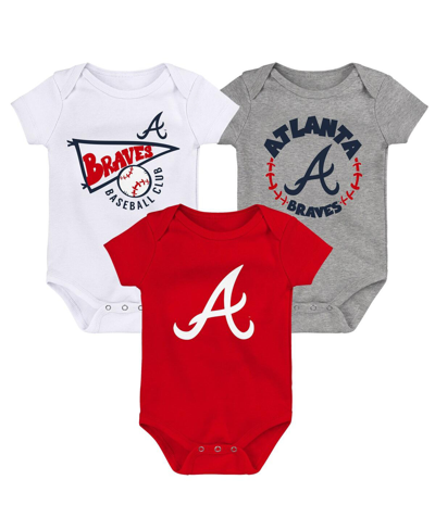 Outerstuff Babies' Infant Boys And Girls Red, White, Heather Gray Atlanta Braves Biggest Little Fan 3-pack Bodysuit Set In Red,white,heather Gray