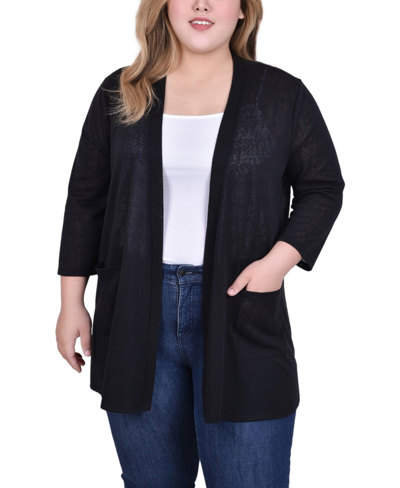 Ny Collection Plus Size 3/4 Sleeve Two Pocket Cardigan Sweater In Black