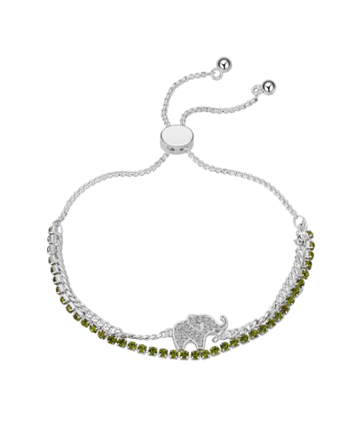Unwritten Cubic Zirconia Elephant And Green Crystal Double Strand Bolo Bracelet In Silver