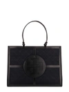 TORY BURCH CANVAS AND LEATHER SHOULDER BAG WITH FRONTAL LOGO