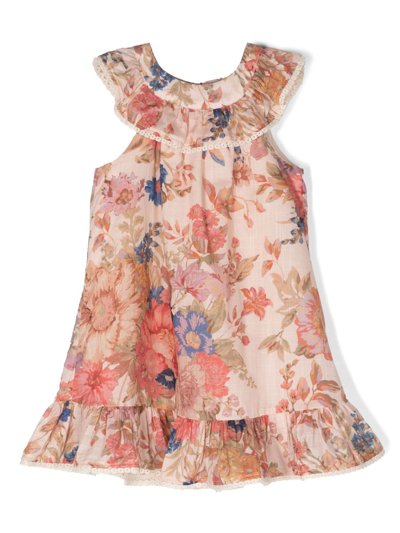 Zimmermann Kids' August Floral-print Swing Dress In Neutrals