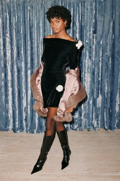 For Love & Lemons Tamera Velvet Rosette Mini Dress In Black, Women's At Urban Outfitters