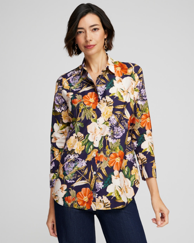 Chico's No Iron Stretch Floral Print Shirt In Purple Size Small |