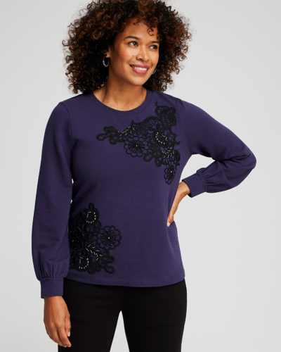 Chico's French Terry Applique Sweatshirt Top In Purple Size 8/10 |  Zenergy