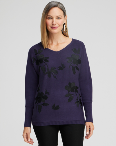 Chico's Floral Embroidered Pullover Sweater In Purple Size Small |