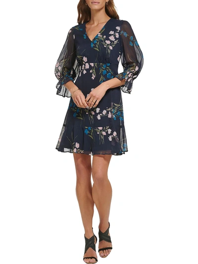 Dkny Petites Womens Chiffon Floral Fit & Flare Dress In Blue