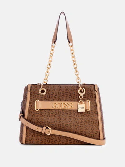Guess Factory Creswell Logo Satchel In Brown