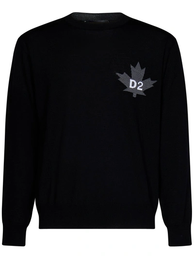 Dsquared2 D2 Leaf Black Sweater With Jacquard Logo At The Front In Wool Man