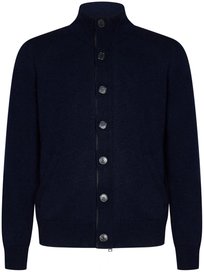 Brioni Leather-trimmed Cashmere Cardigan In Blue