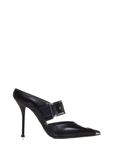 Alexander Mcqueen Leather Punk Buckle Mules 90 In Nero