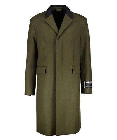 Acne Studios Wool Blend Single-breasted Coat With Logoed Patch In Green