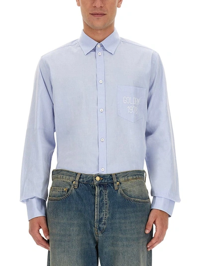 Golden Goose Alvise Shirt With Embroidered Pocket In Azure